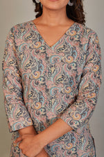 Load image into Gallery viewer, Pure Italian Digital Printed Fabric Black Paisley Silk Blue & Yellow Flower Kurti