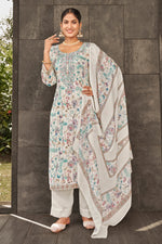 Load image into Gallery viewer, Off White Jaam Satin Digital Print Fancy Salwar Suit With Yock Embroidery Work