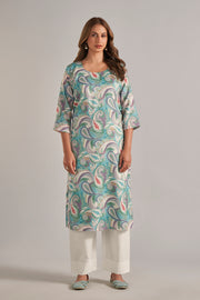 Jaam Satin Digital Printed Fabric Green Cream Flower Kurti