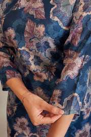 Jaam Satin Digital Printed Fabric Dark Blue Cream Flower kurti