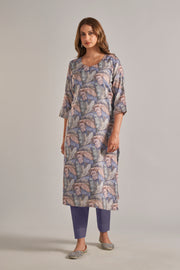 Jaam Satin Digital Printed Fabric Blue Cream Flower Kurti