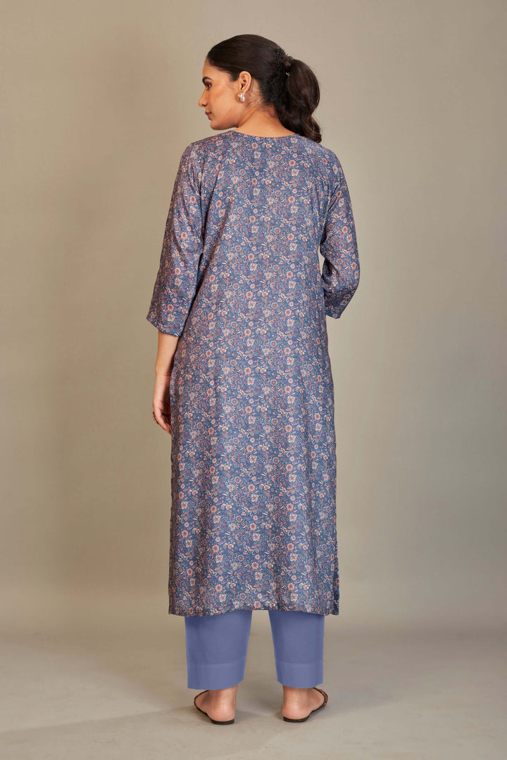 Jaam Satin Digital Printed Fabric Blue Cream Flower Kurti