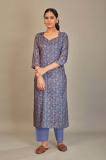 Load image into Gallery viewer, Jaam Satin Digital Printed Fabric Blue Cream Flower Kurti

