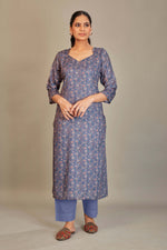 Load image into Gallery viewer, Jaam Satin Digital Printed Fabric Blue Cream Flower Kurti
