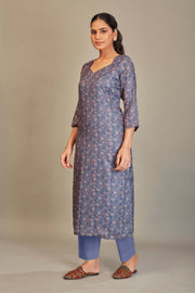 Jaam Satin Digital Printed Fabric Blue Cream Flower Kurti