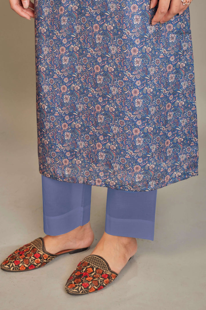 Jaam Satin Digital Printed Fabric Blue Cream Flower Kurti