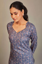 Load image into Gallery viewer, Jaam Satin Digital Printed Fabric Blue Cream Flower Kurti
