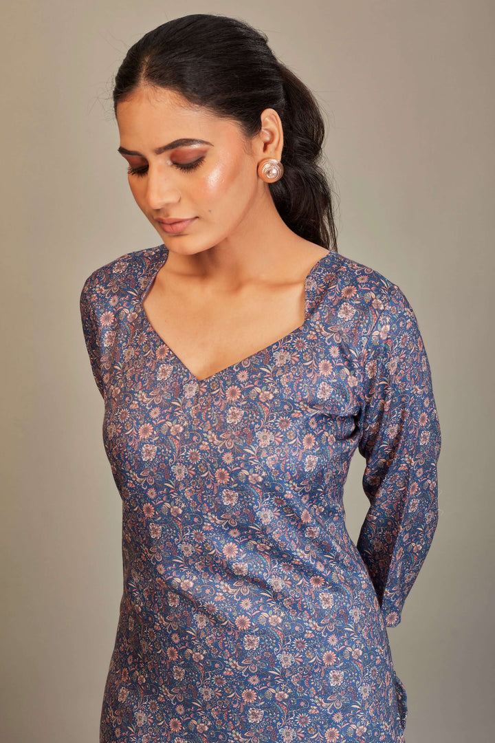 Jaam Satin Digital Printed Fabric Blue Cream Flower Kurti