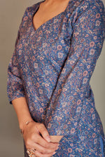 Load image into Gallery viewer, Jaam Satin Digital Printed Fabric Blue Cream Flower Kurti
