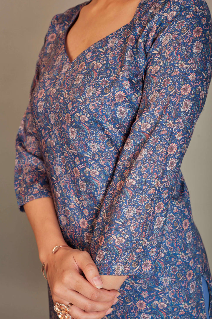 Jaam Satin Digital Printed Fabric Blue Cream Flower Kurti