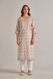 Jaam Satin Digital Printed Fabric Cream Kurti