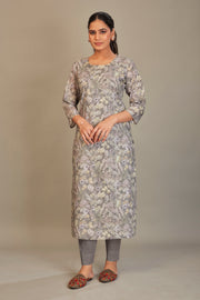 Pure Italian Digital Printed Fabric Gray Ground Cream Flower Print Kurti