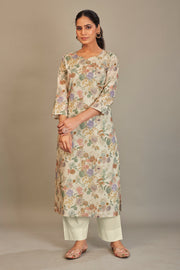 Pure Italian lawn Digital Ptd Kurtis Cream Ground Purple & Rust Flower Top