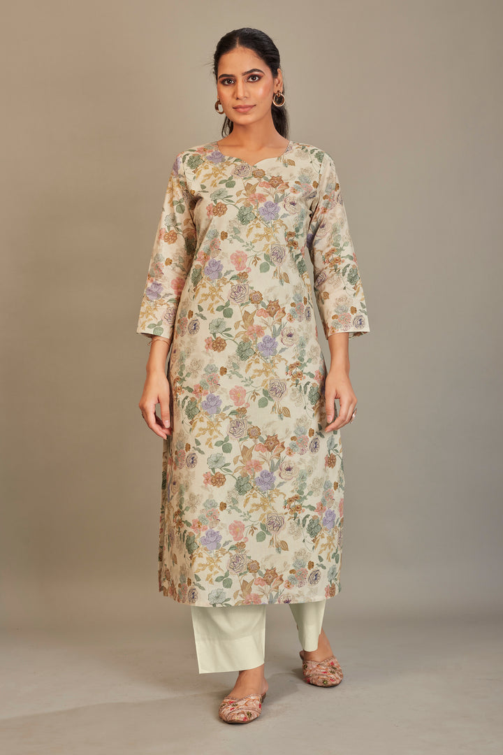 Pure Italian lawn Digital Ptd Kurtis Cream Ground Purple & Rust Flower Top