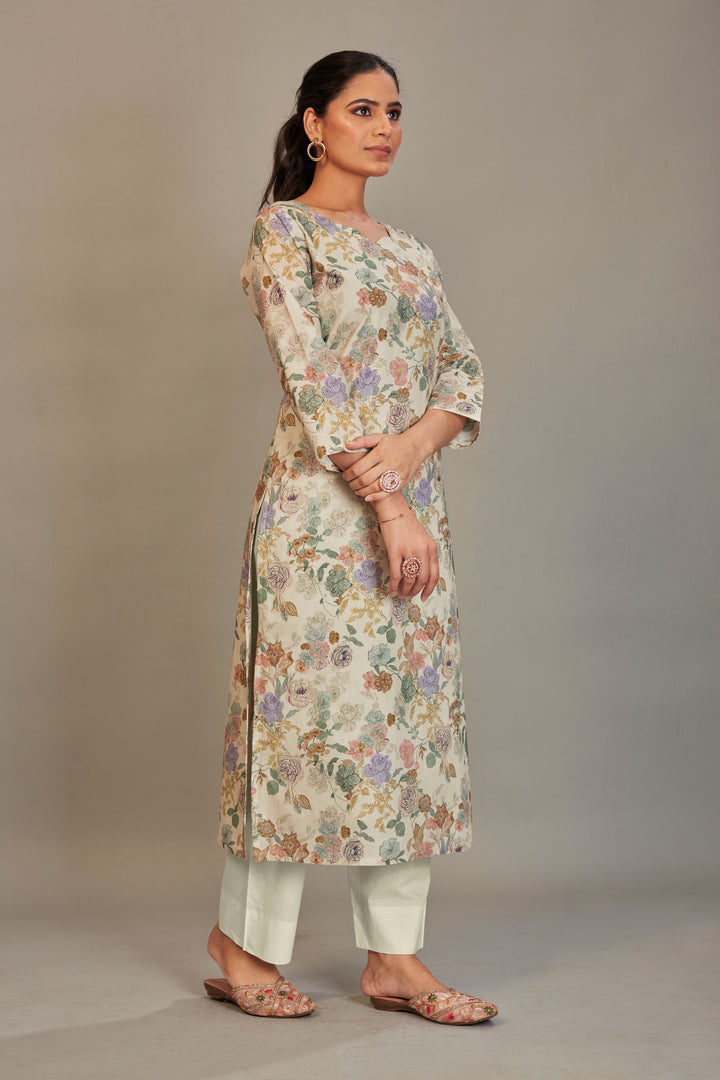 Pure Italian lawn Digital Ptd Kurtis Cream Ground Purple & Rust Flower Top