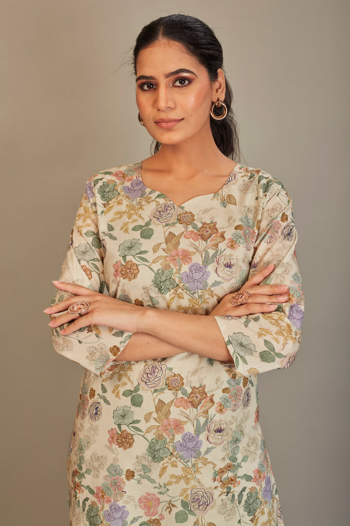Pure Italian lawn Digital Ptd Kurtis Cream Ground Purple & Rust Flower Top