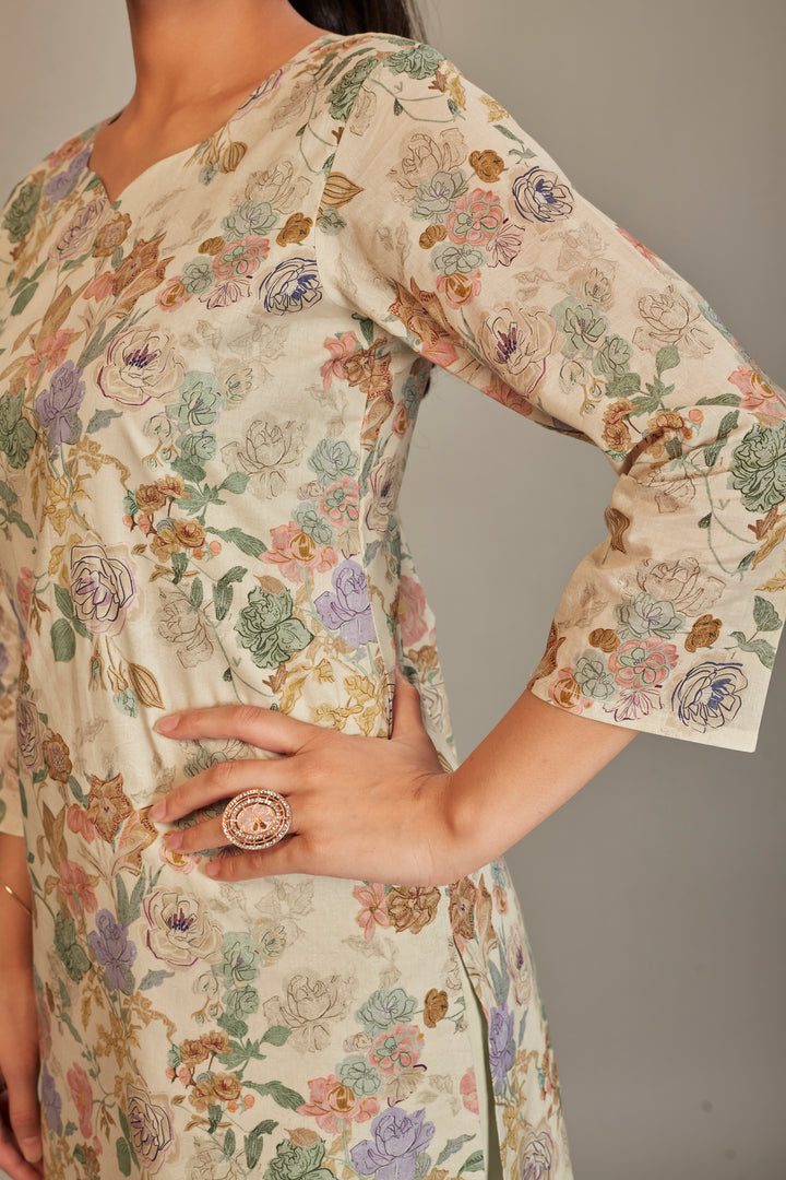 Pure Italian lawn Digital Ptd Kurtis Cream Ground Purple & Rust Flower Top