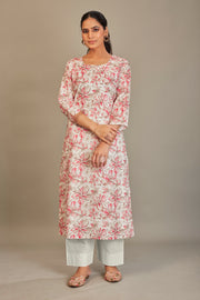 Pure Italian Digital Printed Fabric White Pink Kurti