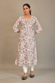 Sukura Digital Printed Fabric Off White Pink Flower Kurti