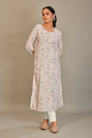 Sukura Digital Printed Fabric Off White Pink Flower Kurti