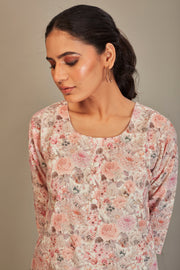 Sukura Digital Printed Fabric Off White Peach Flower Kurti