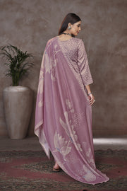Lavender Color Jaam Satin Digital Prints Yock Daman Embroidery Work Suit