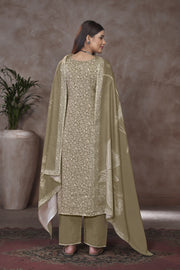 Dark Beige Jaam Satin Digital Prints Yock Daman Embroidery Work Dress