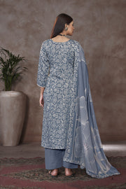Jaam Satin Digital Prints Yock Daman Embroidery Work Salwar Kameez In Light Gray Color