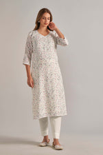 Load image into Gallery viewer, Jaam Satin Digital Printed Fabric Cream Rani Mehandi Flower Kurti
