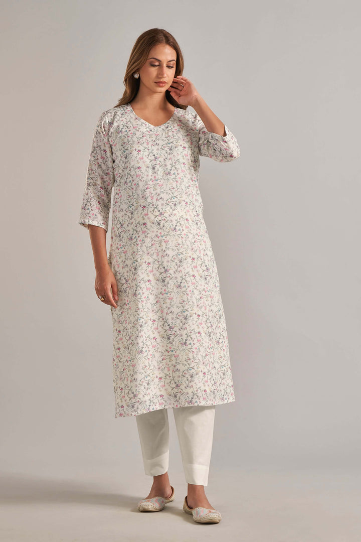 Jaam Satin Digital Printed Fabric Cream Rani Mehandi Flower Kurti