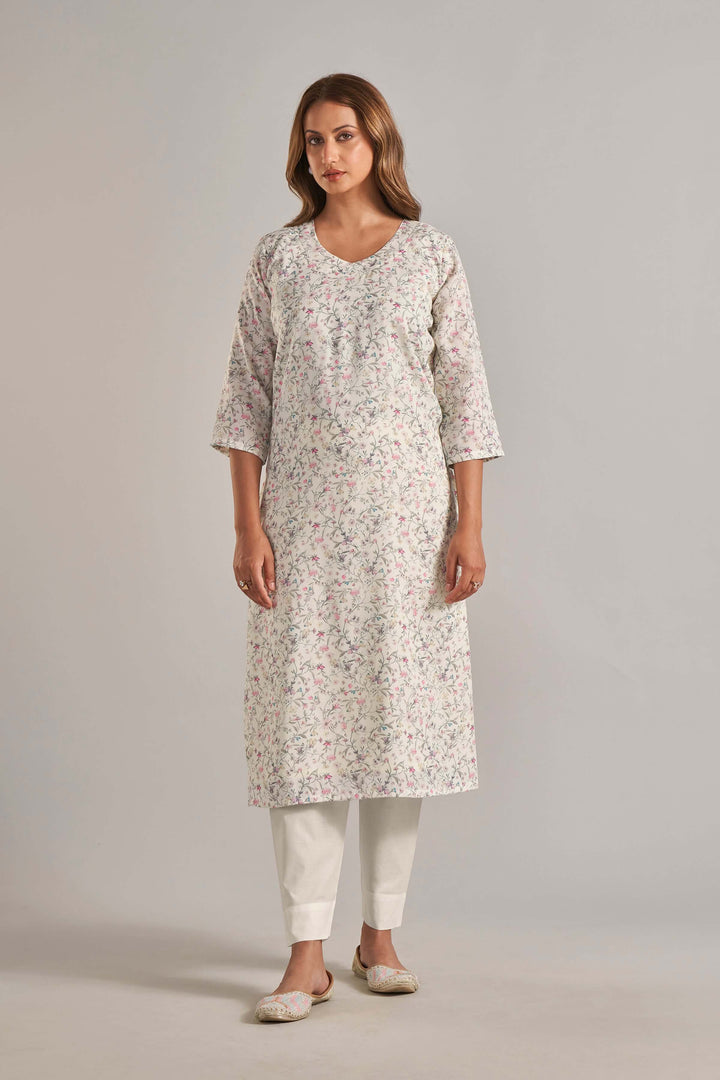 Jaam Satin Digital Printed Fabric Cream Rani Mehandi Flower Kurti