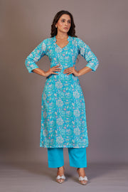 Pure Linen Cotton Digital Ptd kurti Firozi flower