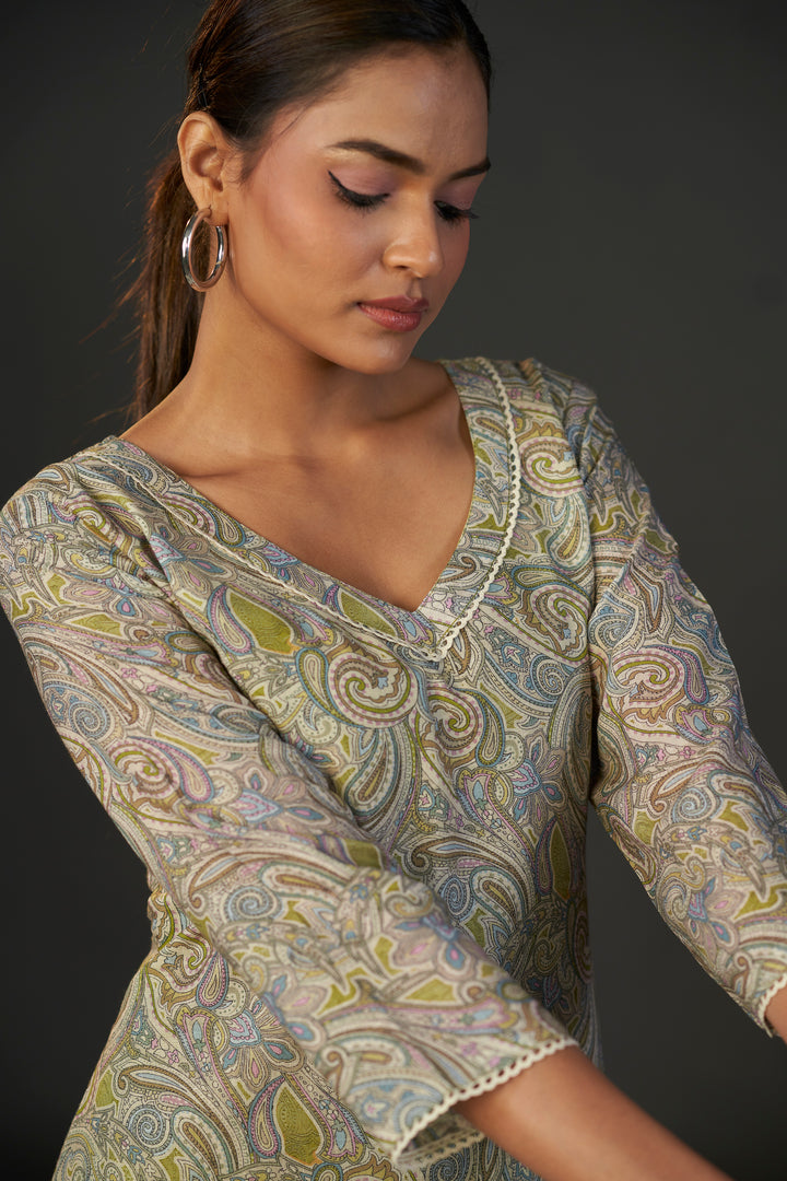 Pure Linen Cotton Digital Ptd Kurti Mehandi Paisley