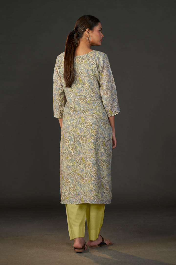 Pure Linen Cotton Digital Ptd Kurti Mehandi Paisley