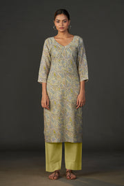 Pure Linen Cotton Digital Ptd Kurti Mehandi Paisley