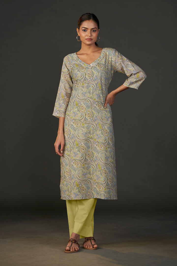 Pure Linen Cotton Digital Ptd Kurti Mehandi Paisley