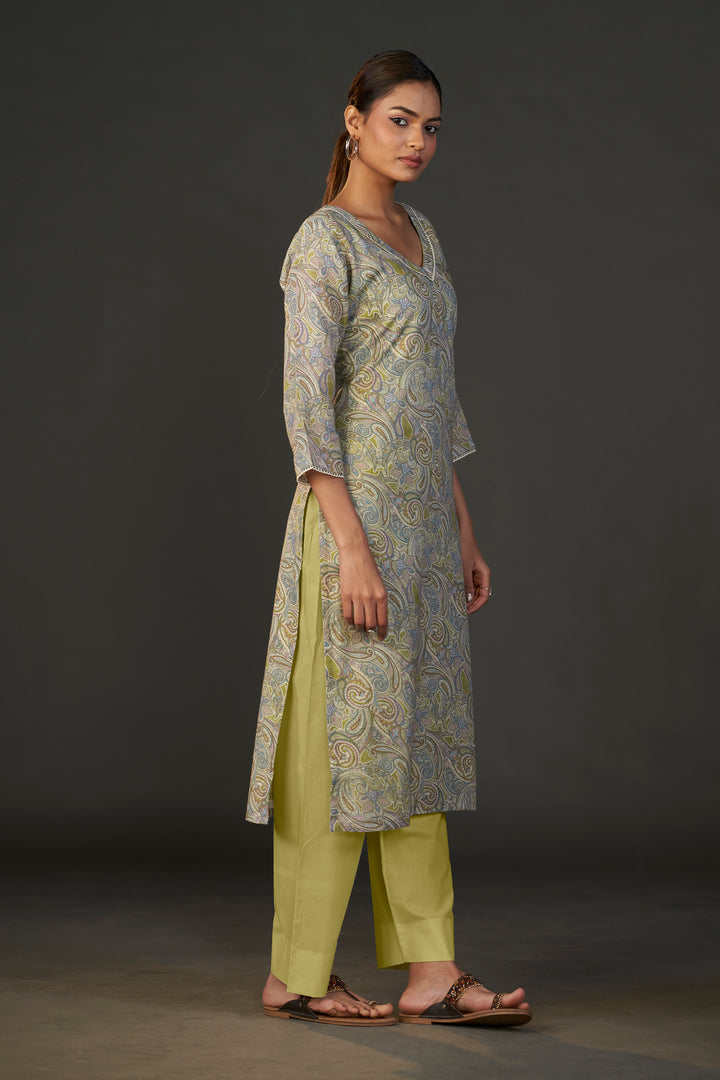 Pure Linen Cotton Digital Ptd Kurti Mehandi Paisley