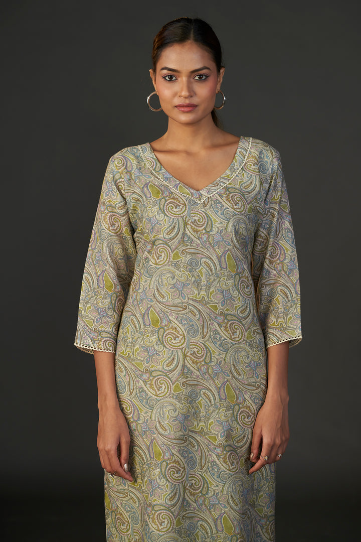 Pure Linen Cotton Digital Ptd Kurti Mehandi Paisley