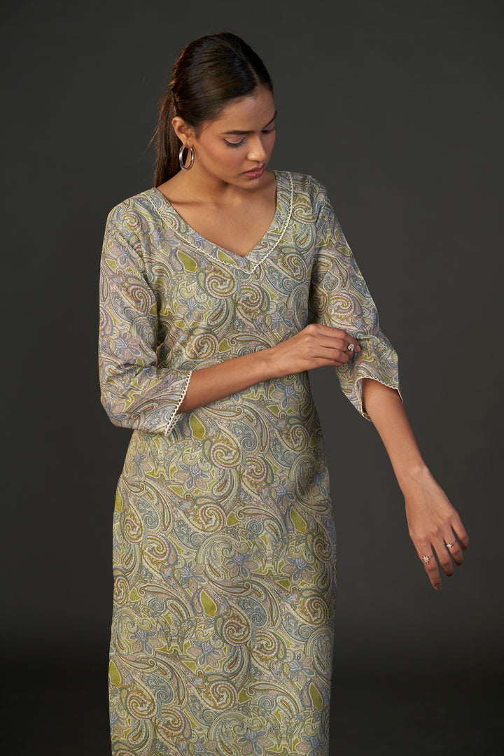 Pure Linen Cotton Digital Ptd Kurti Mehandi Paisley
