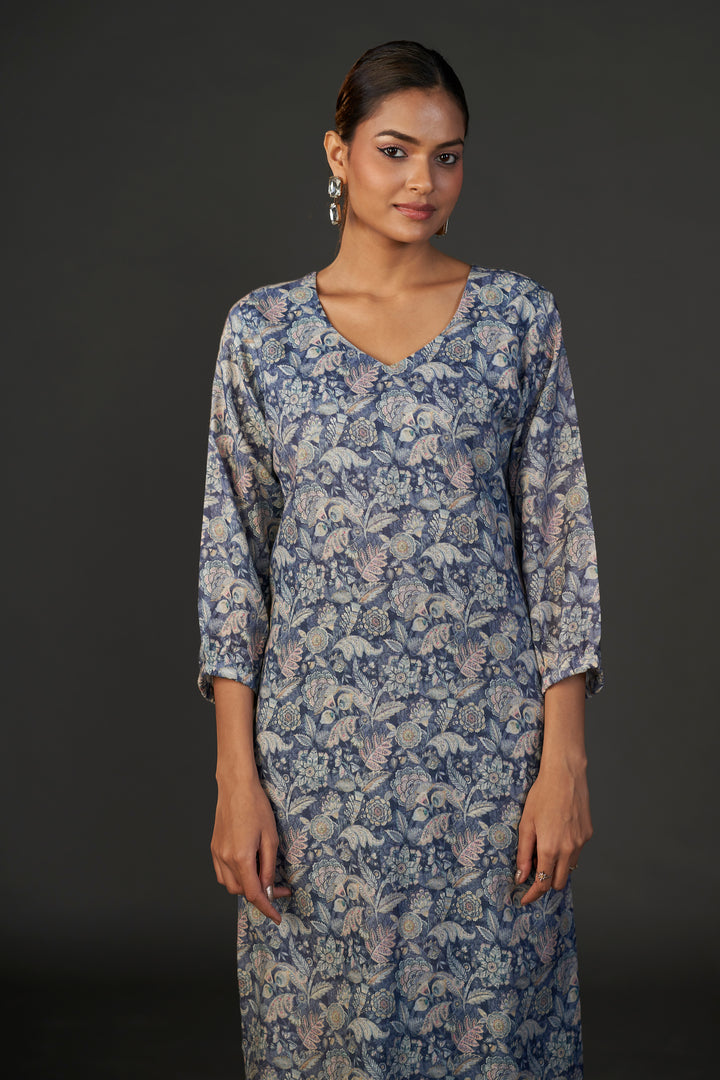 Pure Linen Cotton Digital Ptd Kurti Dark Blue
