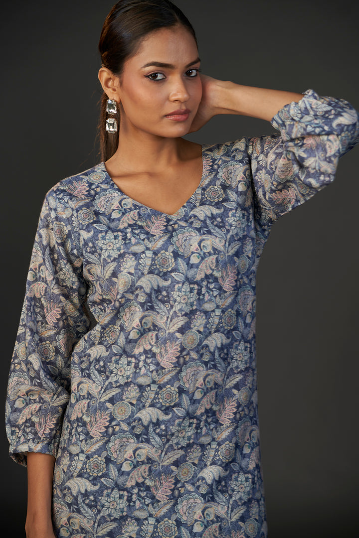 Pure Linen Cotton Digital Ptd Kurti Dark Blue