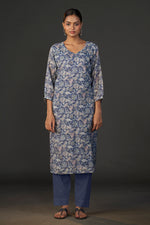 Load image into Gallery viewer, Pure Linen Cotton Digital Ptd Kurti Dark Blue
