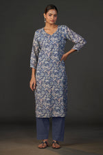 Load image into Gallery viewer, Pure Linen Cotton Digital Ptd Kurti Dark Blue
