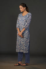 Load image into Gallery viewer, Pure Linen Cotton Digital Ptd Kurti Dark Blue
