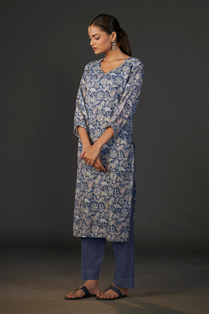 Pure Linen Cotton Digital Ptd Kurti Dark Blue