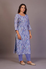 Pure Linen Cotton Digital Ptd Kurti Blue Flower Ptd