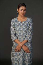 Pure Linen Cotton Digital Ptd Kurti Blue Cream Grey