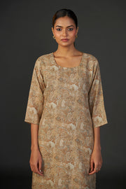 Pure Linen Cotton Digital Ptd Kurti Light Brown Cream