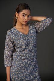 Pure Linen Cotton Digital Ptd Kurti Dark Grey Cream