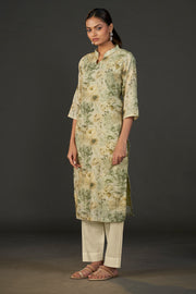 Pure Linen Cotton Digital Ptd Kurti Cream Mehandi Green Flower